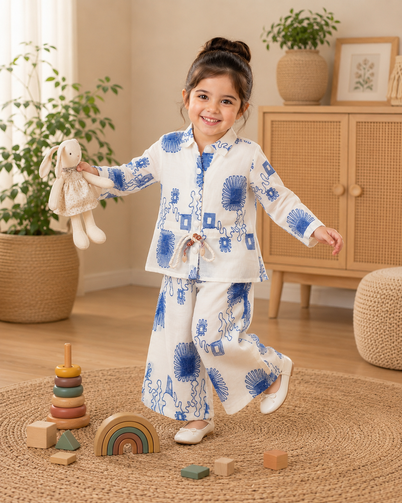 Girls White & Blue Floral Printed Co-Ord Set | Premium Full Sleeve Top & Wide-Leg Pants Set | Kidaura