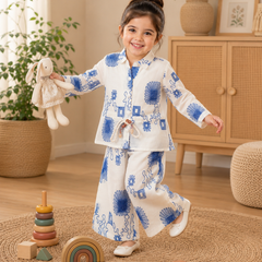 Girls White & Blue Floral Printed Co-Ord Set | Premium Full Sleeve Top & Wide-Leg Pants Set | Kidaura