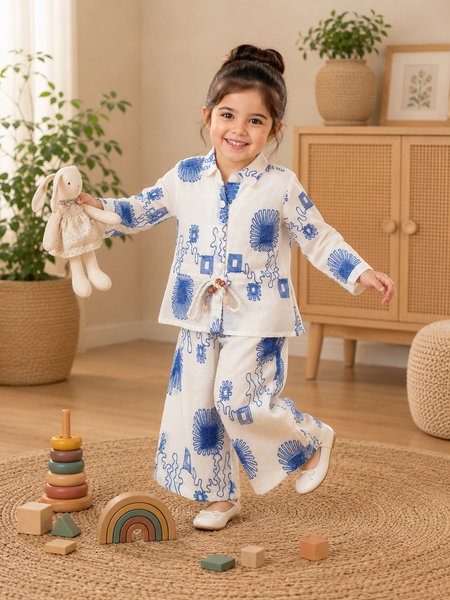 Girls White & Blue Floral Printed Co-Ord Set | Premium Full Sleeve Top & Wide-Leg Pants Set | Kidaura