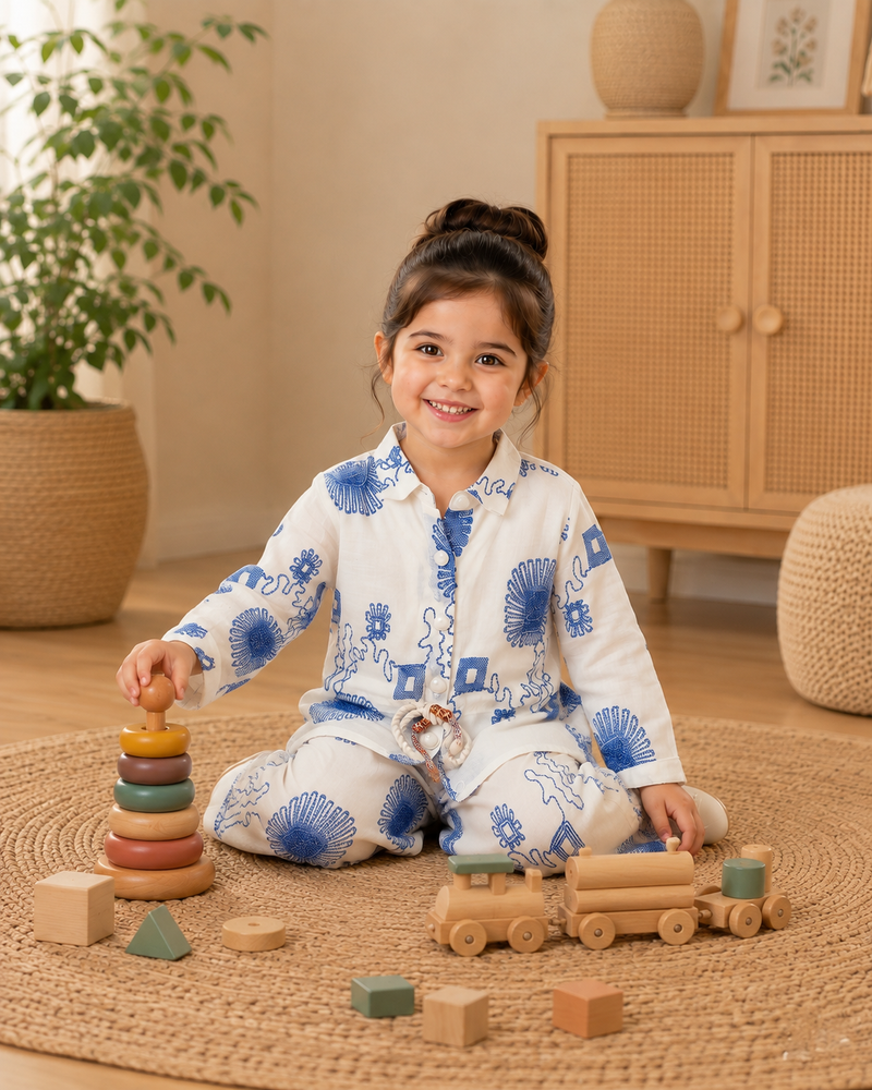 Girls White & Blue Floral Printed Co-Ord Set | Premium Full Sleeve Top & Wide-Leg Pants Set | Kidaura