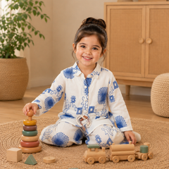 Girls White & Blue Floral Printed Co-Ord Set | Premium Full Sleeve Top & Wide-Leg Pants Set | Kidaura