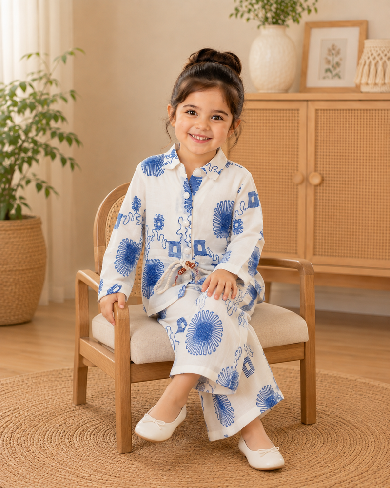 Girls White & Blue Floral Printed Co-Ord Set | Premium Full Sleeve Top & Wide-Leg Pants Set | Kidaura