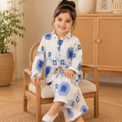 Girls White & Blue Floral Printed Co-Ord Set | Premium Full Sleeve Top & Wide-Leg Pants Set | Kidaura