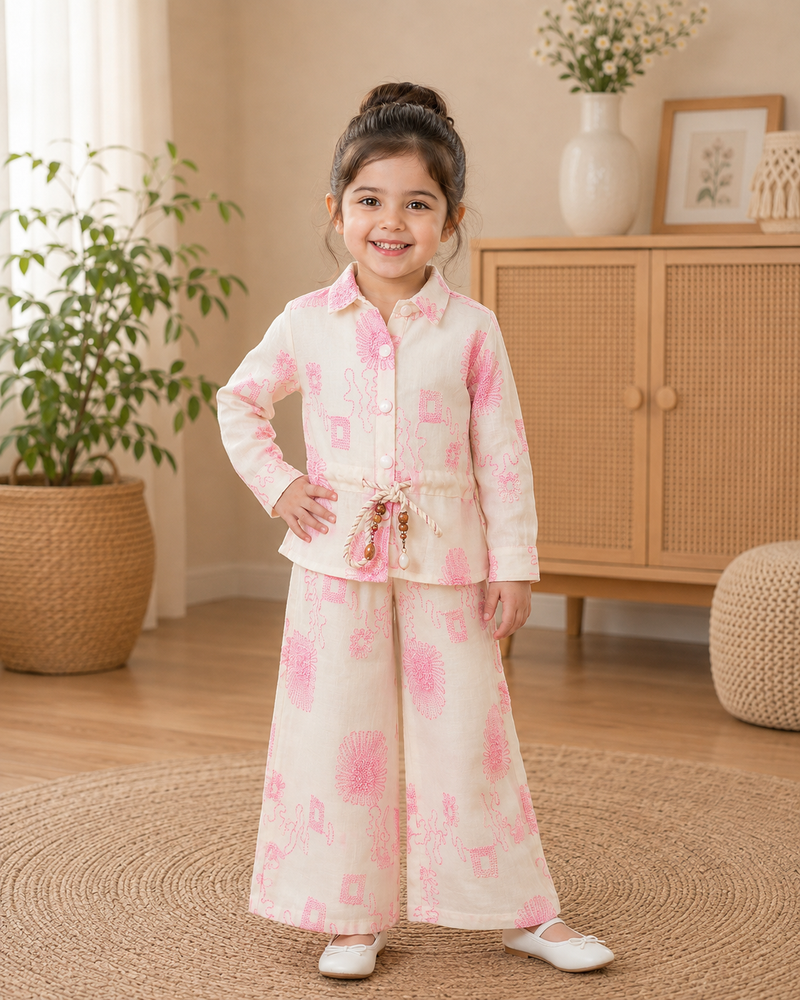 Girls White & Blue Floral Printed Co-Ord Set | Premium Full Sleeve Top & Wide-Leg Pants Set | Kidaura