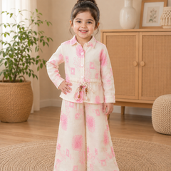 Girls White & Blue Floral Printed Co-Ord Set | Premium Full Sleeve Top & Wide-Leg Pants Set | Kidaura