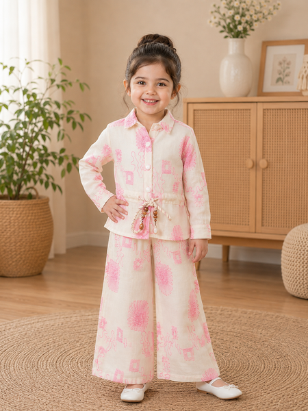 Girls White & Blue Floral Printed Co-Ord Set | Premium Full Sleeve Top & Wide-Leg Pants Set | Kidaura