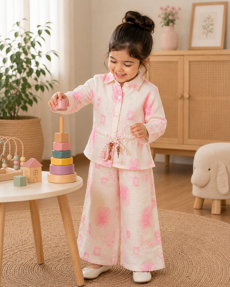 Girls White & Blue Floral Printed Co-Ord Set | Premium Full Sleeve Top & Wide-Leg Pants Set | Kidaura