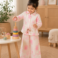 Girls White & Blue Floral Printed Co-Ord Set | Premium Full Sleeve Top & Wide-Leg Pants Set | Kidaura