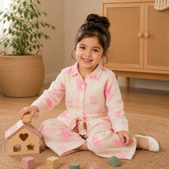 Girls White & Blue Floral Printed Co-Ord Set | Premium Full Sleeve Top & Wide-Leg Pants Set | Kidaura