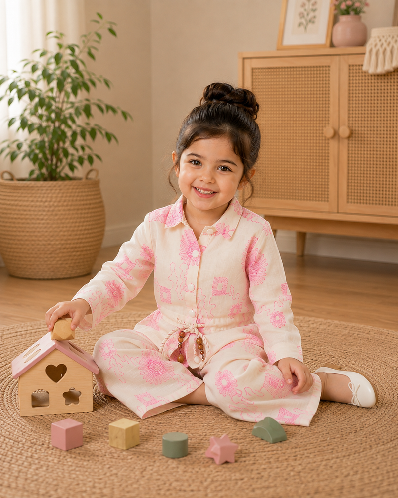 Girls White & Blue Floral Printed Co-Ord Set | Premium Full Sleeve Top & Wide-Leg Pants Set | Kidaura