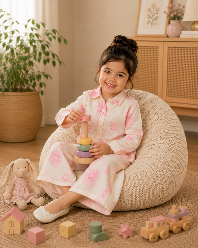 Girls White & Blue Floral Printed Co-Ord Set | Premium Full Sleeve Top & Wide-Leg Pants Set | Kidaura