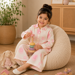 Girls White & Blue Floral Printed Co-Ord Set | Premium Full Sleeve Top & Wide-Leg Pants Set | Kidaura