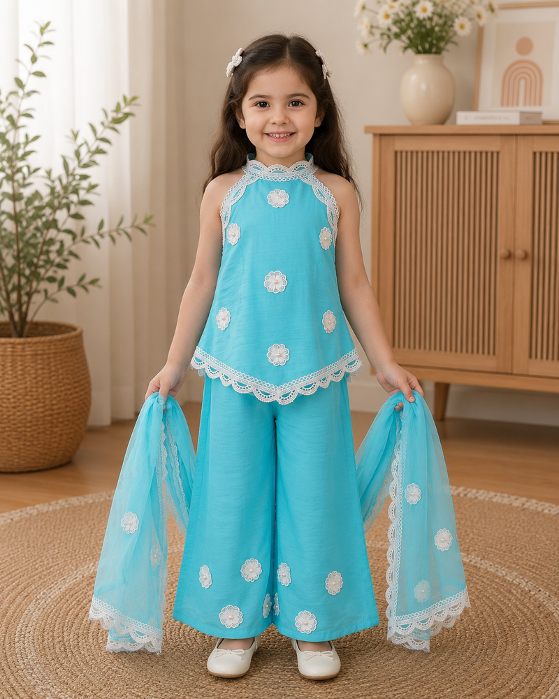 Turquoise Floral Lace Sharara Set