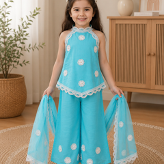 Turquoise Floral Lace Sharara Set