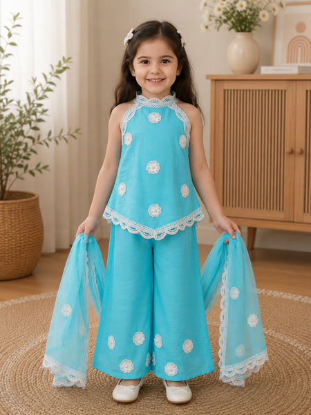 Turquoise Floral Lace Sharara Set
