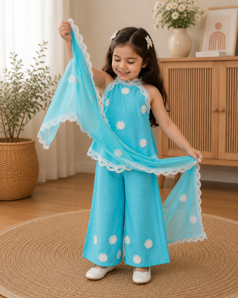 Turquoise Floral Lace Sharara Set