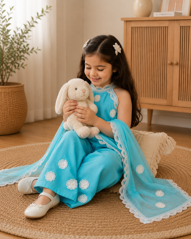 Turquoise Floral Lace Sharara Set