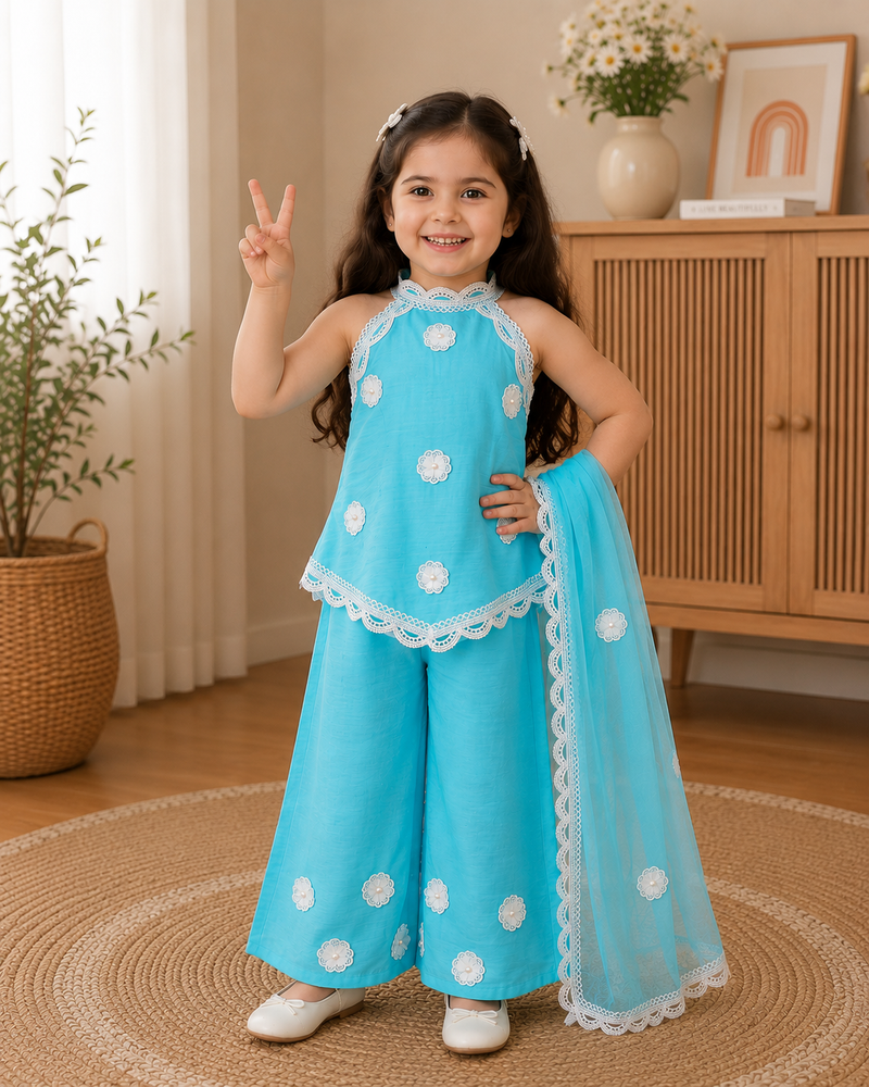 Turquoise Floral Lace Sharara Set