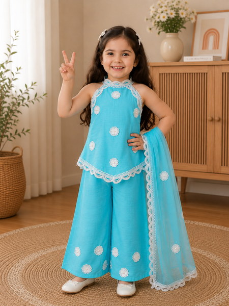 Turquoise Floral Lace Sharara Set