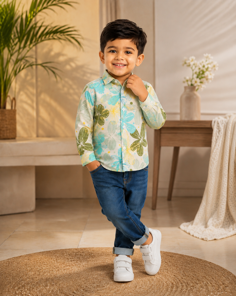 Premium Boys Floral Print Cotton Full Sleeve Shirt | Soft Casual & Party Wear Kids Shirt | Kidaura