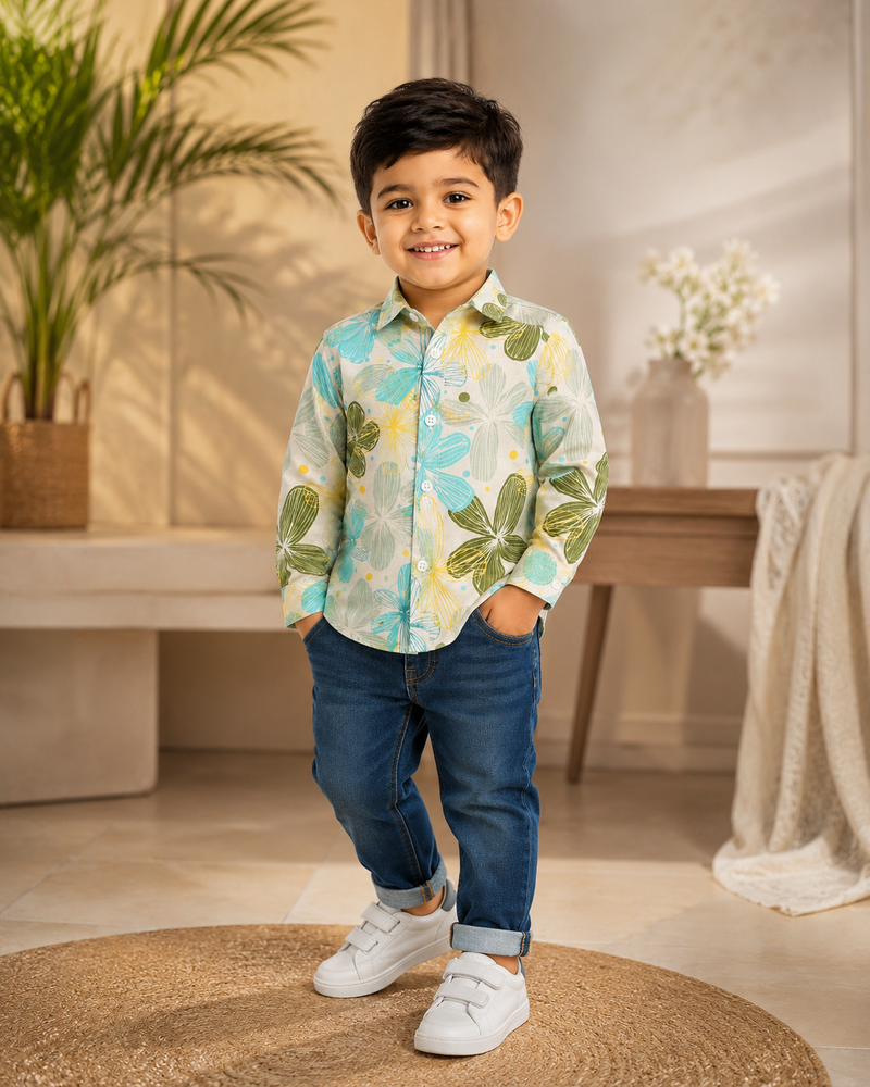 Premium Boys Floral Print Cotton Full Sleeve Shirt | Soft Casual & Party Wear Kids Shirt | Kidaura