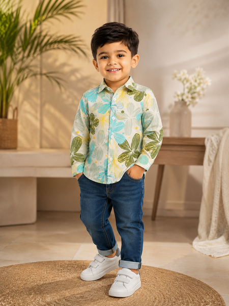 Premium Boys Floral Print Cotton Full Sleeve Shirt | Soft Casual & Party Wear Kids Shirt | Kidaura