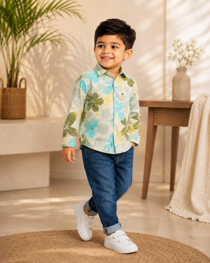 Premium Boys Floral Print Cotton Full Sleeve Shirt | Soft Casual & Party Wear Kids Shirt | Kidaura