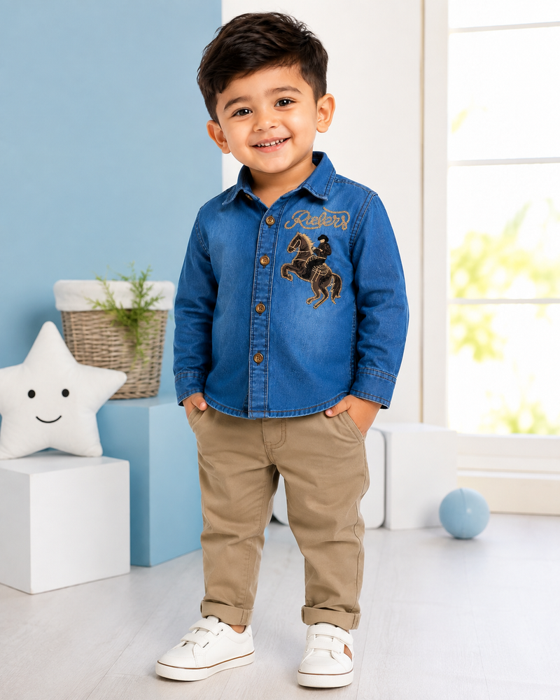 Premium Boys Blue Denim Embroidered Full Sleeve Shirt | Soft Cotton Casual Party Wear Shirt for Kids | Kidaura