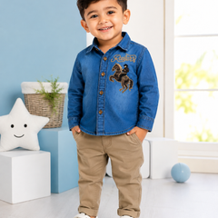 Premium Boys Blue Denim Embroidered Full Sleeve Shirt | Soft Cotton Casual Party Wear Shirt for Kids | Kidaura