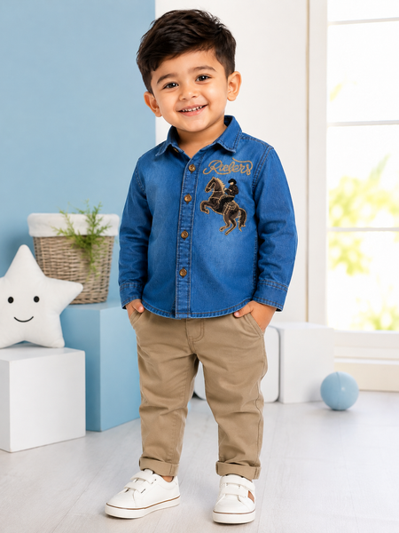 Premium Boys Blue Denim Embroidered Full Sleeve Shirt | Soft Cotton Casual Party Wear Shirt for Kids | Kidaura