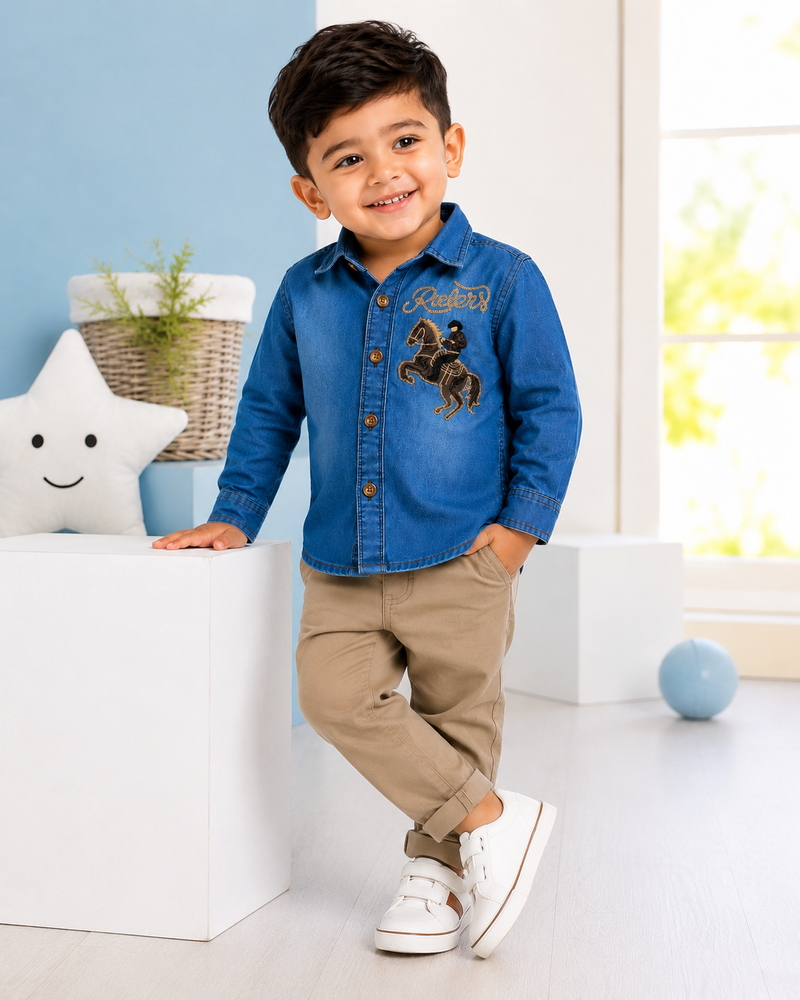 Premium Boys Blue Denim Embroidered Full Sleeve Shirt | Soft Cotton Casual Party Wear Shirt for Kids | Kidaura