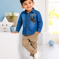Premium Boys Blue Denim Embroidered Full Sleeve Shirt | Soft Cotton Casual Party Wear Shirt for Kids | Kidaura