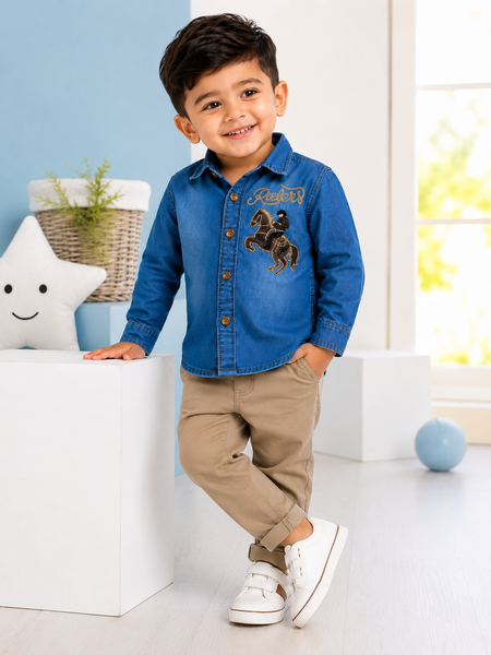 Premium Boys Blue Denim Embroidered Full Sleeve Shirt | Soft Cotton Casual Party Wear Shirt for Kids | Kidaura