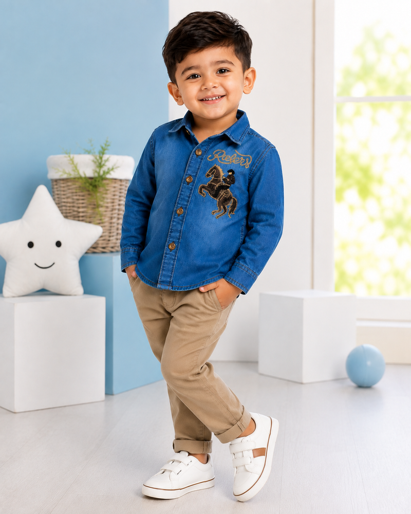 Premium Boys Blue Denim Embroidered Full Sleeve Shirt | Soft Cotton Casual Party Wear Shirt for Kids | Kidaura