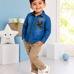 Premium Boys Blue Denim Embroidered Full Sleeve Shirt | Soft Cotton Casual Party Wear Shirt for Kids | Kidaura