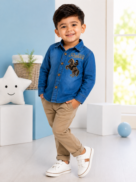 Premium Boys Blue Denim Embroidered Full Sleeve Shirt | Soft Cotton Casual Party Wear Shirt for Kids | Kidaura