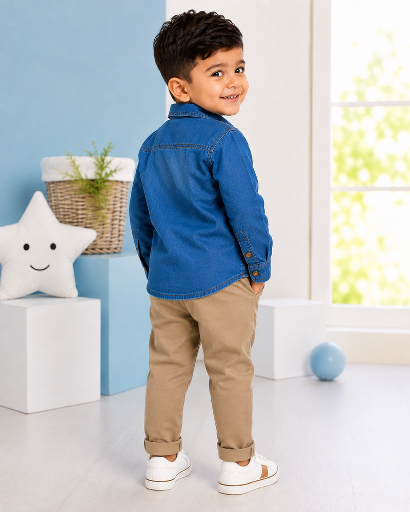 Premium Boys Blue Denim Embroidered Full Sleeve Shirt | Soft Cotton Casual Party Wear Shirt for Kids | Kidaura