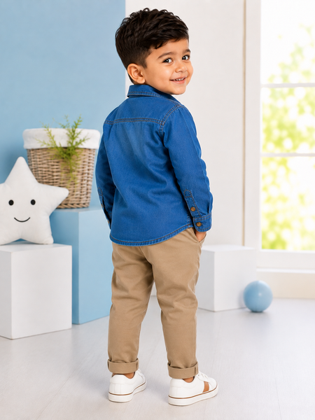 Premium Boys Blue Denim Embroidered Full Sleeve Shirt | Soft Cotton Casual Party Wear Shirt for Kids | Kidaura