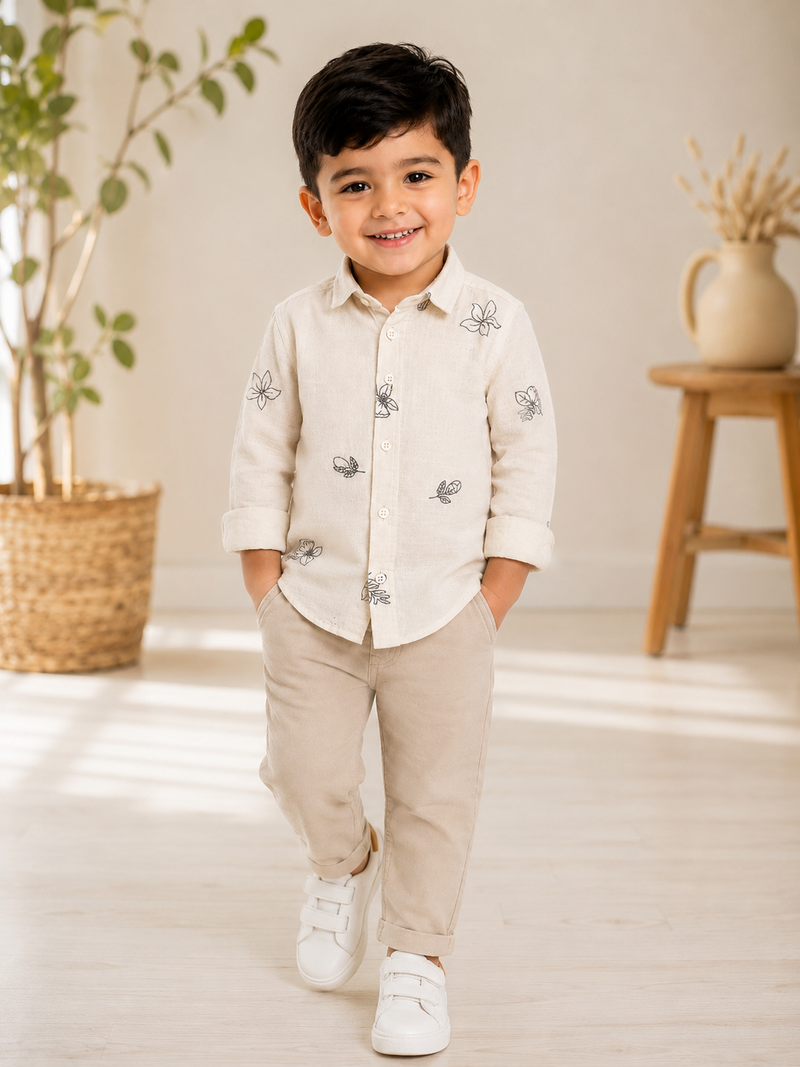 Premium Boys Beige Floral Embroidered Cotton Linen Full Sleeve Shirt | Casual & Party Wear Kids Shirt | Kidaura