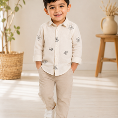 Premium Boys Beige Floral Embroidered Cotton Linen Full Sleeve Shirt | Casual & Party Wear Kids Shirt | Kidaura