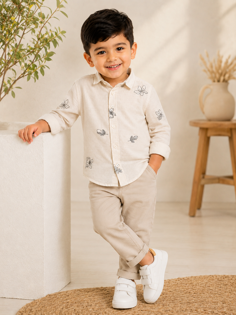 Premium Boys Beige Floral Embroidered Cotton Linen Full Sleeve Shirt | Casual & Party Wear Kids Shirt | Kidaura