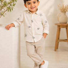 Premium Boys Beige Floral Embroidered Cotton Linen Full Sleeve Shirt | Casual & Party Wear Kids Shirt | Kidaura