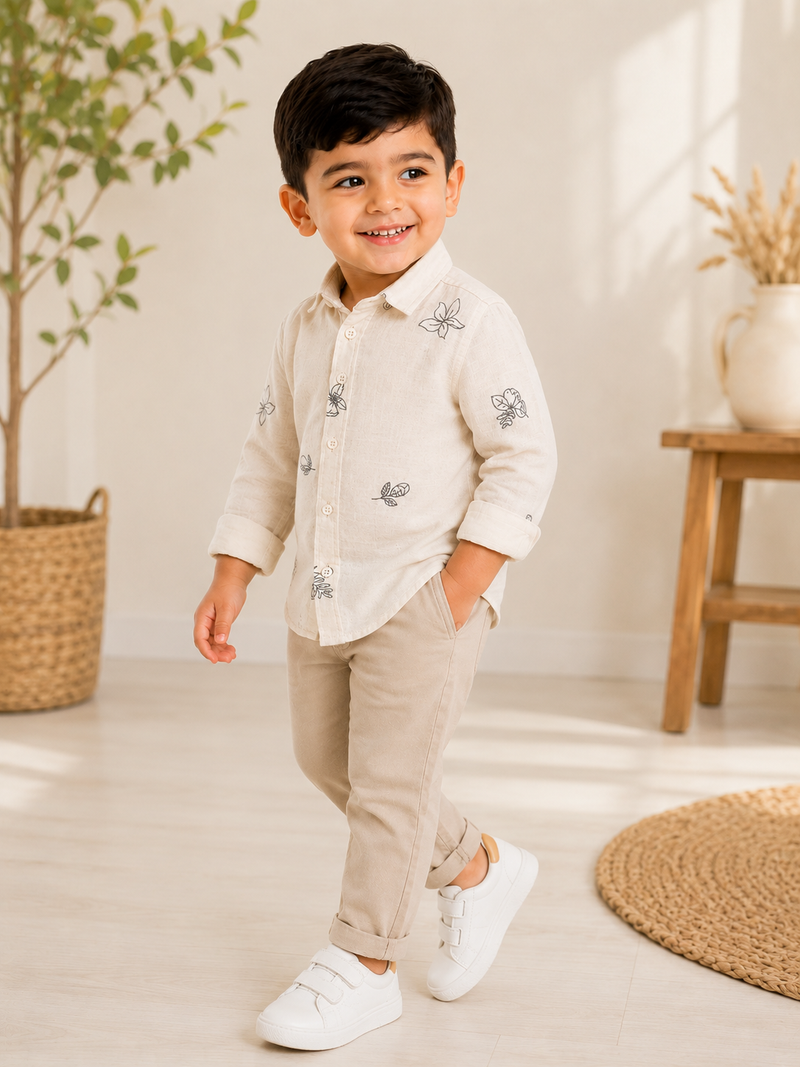 Premium Boys Beige Floral Embroidered Cotton Linen Full Sleeve Shirt | Casual & Party Wear Kids Shirt | Kidaura