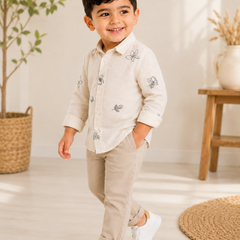 Premium Boys Beige Floral Embroidered Cotton Linen Full Sleeve Shirt | Casual & Party Wear Kids Shirt | Kidaura