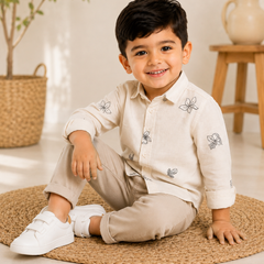 Premium Boys Beige Floral Embroidered Cotton Linen Full Sleeve Shirt | Casual & Party Wear Kids Shirt | Kidaura