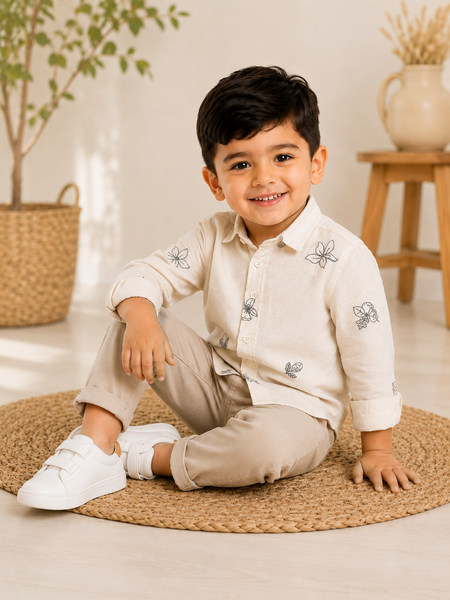 Premium Boys Beige Floral Embroidered Cotton Linen Full Sleeve Shirt | Casual & Party Wear Kids Shirt | Kidaura
