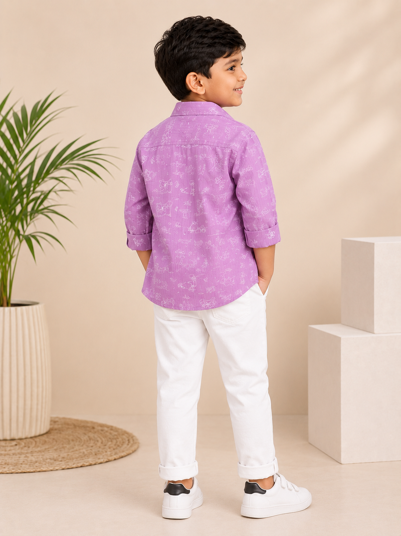Premium Boys Purple Corduroy Shirt & Graphic T-Shirt Set | 2-Piece Casual Party Wear Outfit | Kidaura