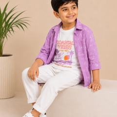 Premium Boys Purple Corduroy Shirt & Graphic T-Shirt Set | 2-Piece Casual Party Wear Outfit | Kidaura