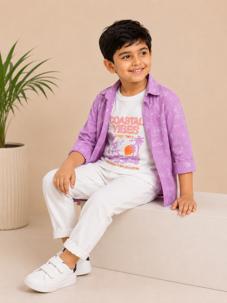 Premium Boys Purple Corduroy Shirt & Graphic T-Shirt Set | 2-Piece Casual Party Wear Outfit | Kidaura