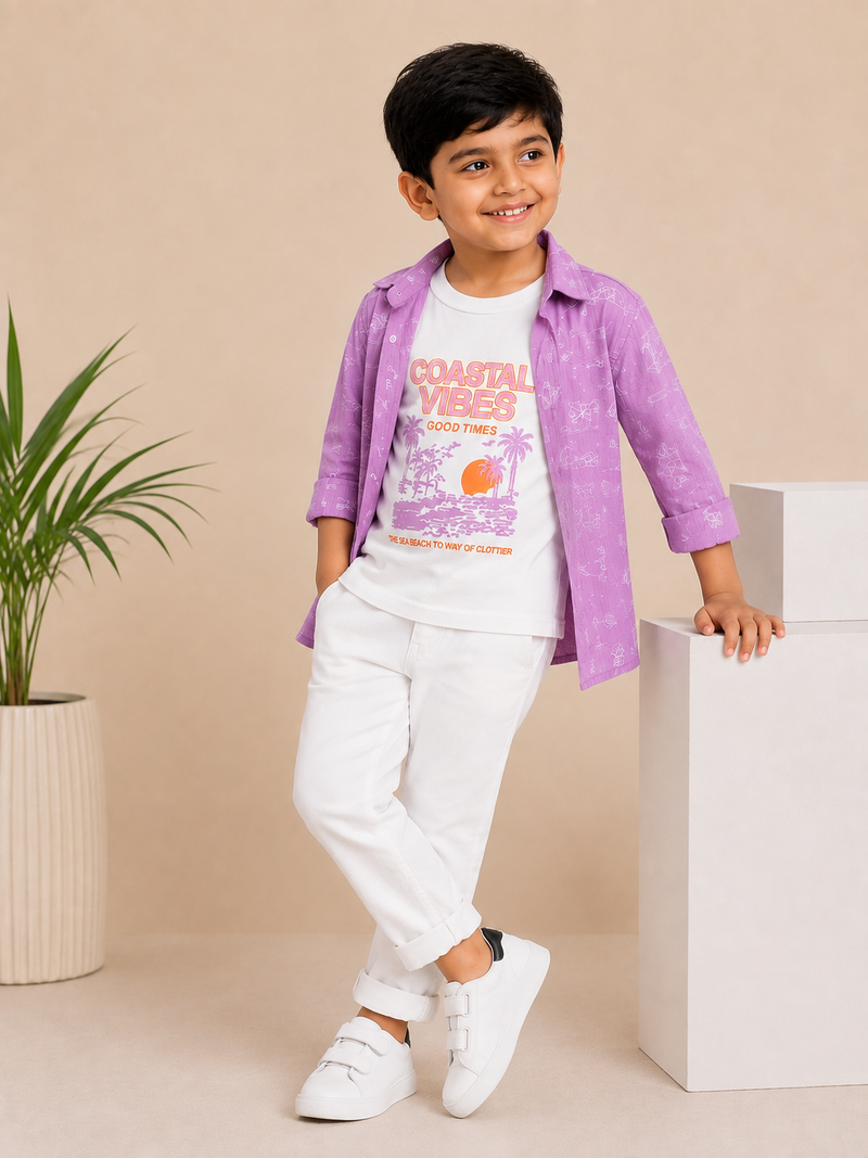 Premium Boys Purple Corduroy Shirt & Graphic T-Shirt Set | 2-Piece Casual Party Wear Outfit | Kidaura